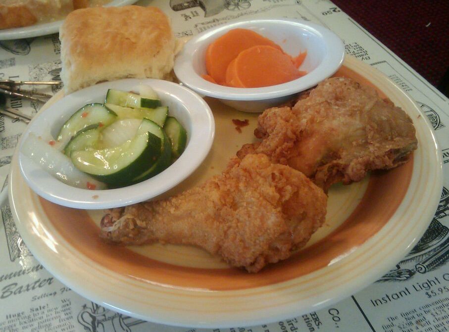 Whistle Stop Fried Chicken, Yam Patties and Cucumber Salad