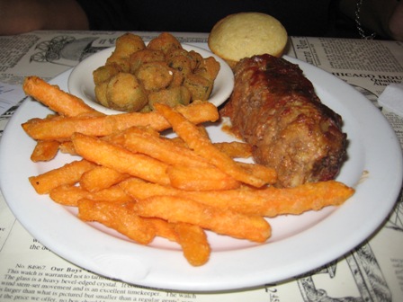 Whistle Stop Meatloaf, Fried Okra, and Sweet Potato Fries
