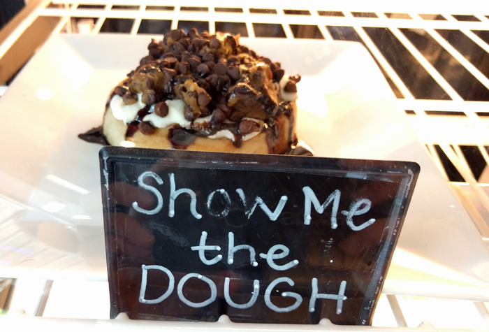 Show Me the Dough is peanut butter frosting, chocolate sauce and cookie dough.